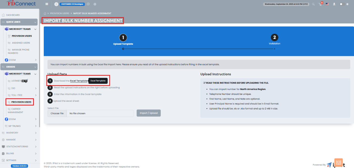 Import Bulk Number Assignment Template Interface