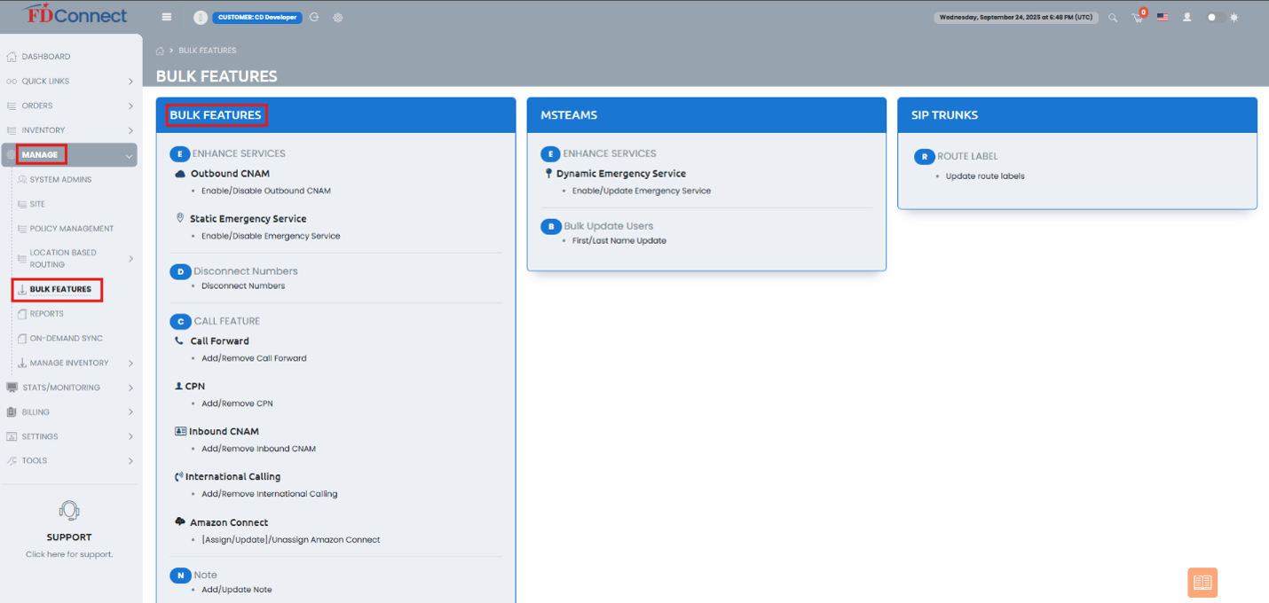 Bulk Features Navigation Screen