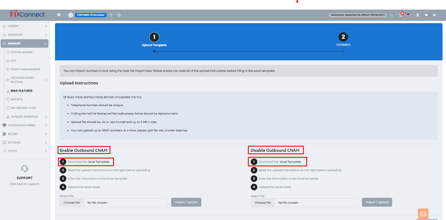 Enable / Disable Outbound CNAM Template Upload Screen
