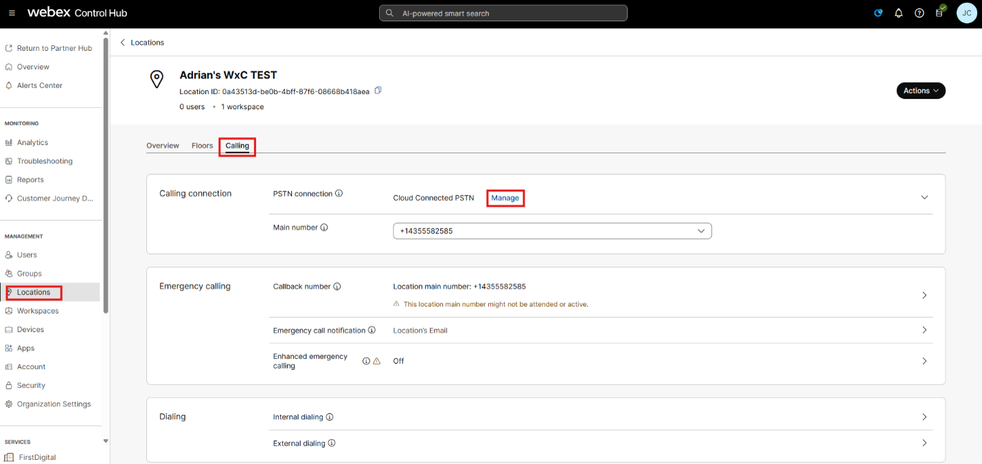 Location Calling Sub-menu and PSTN Connection Setup